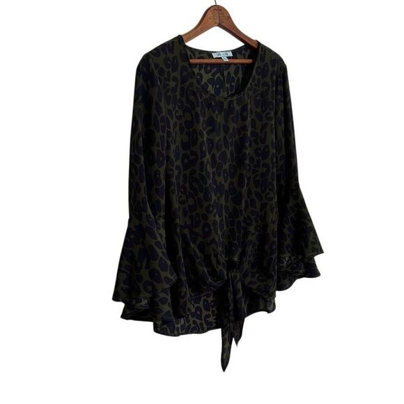 She + Sky Animal Print Flared Sleeve Blouse Green Black Size Large - Picture 3 of 7